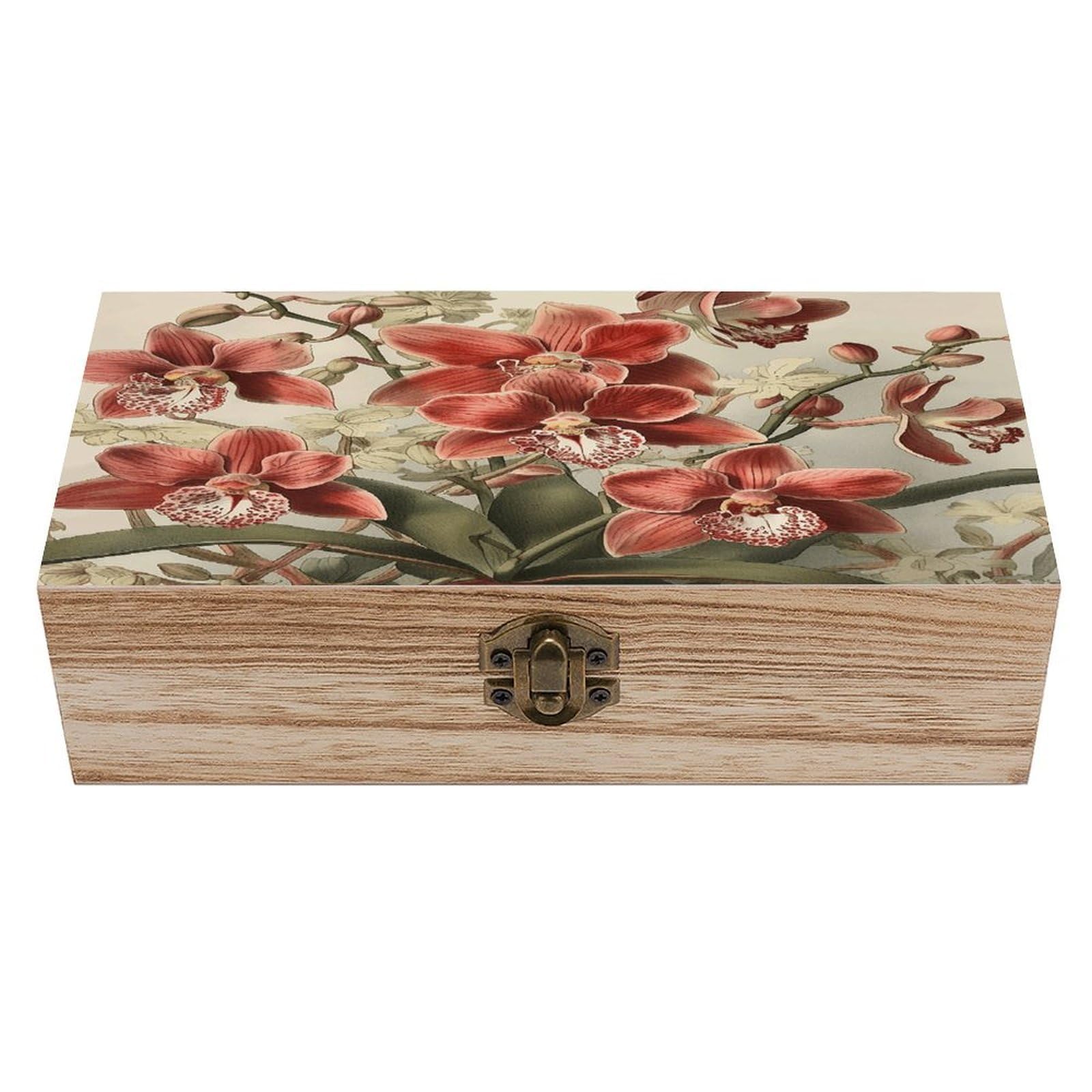 Btcowzrv Style Hand Drawn Plants Wooden Storage Box, Keepsake Box With Hinged And Retro Lock, Wood Jewelry Organizer For Photos & Mementos And Home Decor