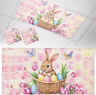 2 Pack Fluorescent Light Cover 4x2 Feet, Pink Easter Rabbit Lights Filters Drop Fluorescent Lights Shade Panel, Daisy Butterfly Eggs Plaid Painting Magnetic Ceiling Light Cover for Classroom Office