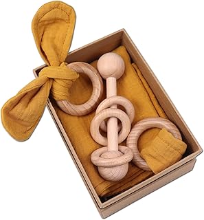 Baby Lovey, Wood Rattle, Teether Ring, 3 Pack Montessori Gift, Ginger, 100% Cotton, Double Gauze, Baby Girl Shower Gift
