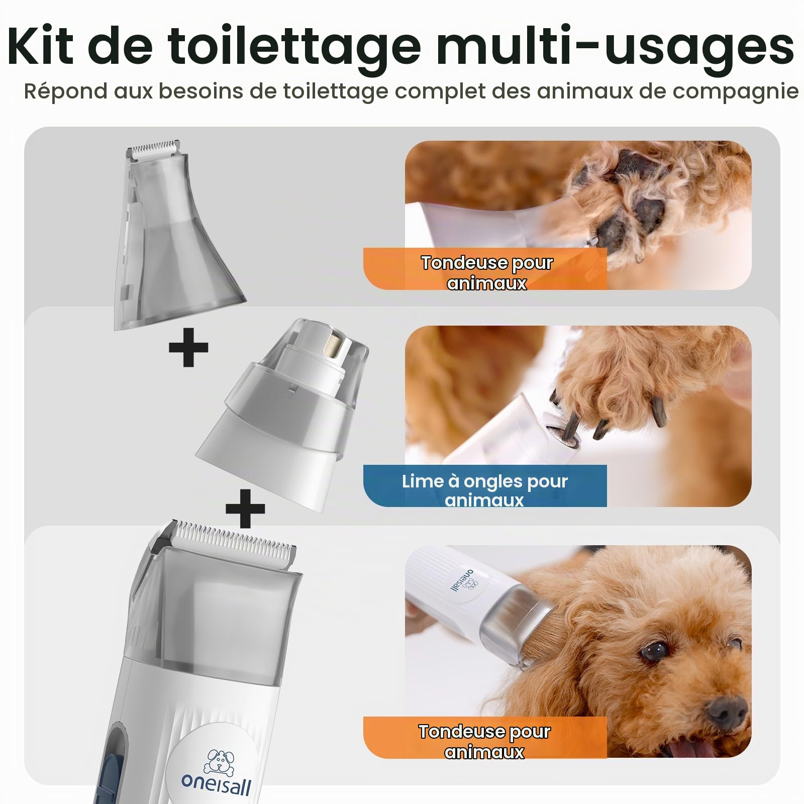 oneisall Tondeuse à Cheveux pour Chien avec aspirateur, 7 en 1 Kit de Soins Professionnels pour Animaux de Compagnie, Rasoir Silencieux pour Chien et Chat, Tondeuse Professionnelle pour Chien et