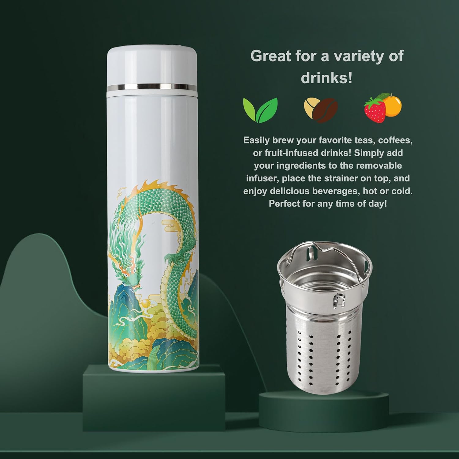 Insulated Coffee Tea Travel Thermos Mug Water Bottle with Removable Strainer and Temperature Featuring Chinese Art Design - 16.9 fl oz (White Phoenix)