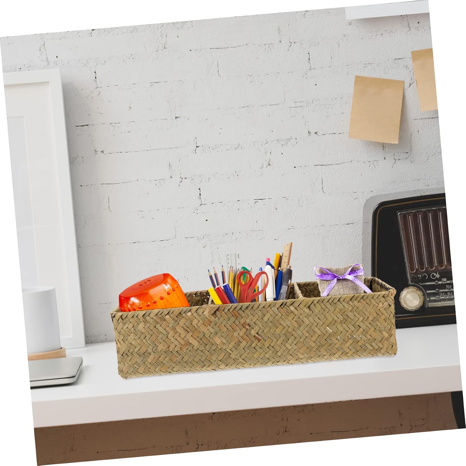 3 Compartment Seagrass Woven Storage Box for Desktop Organization image 2