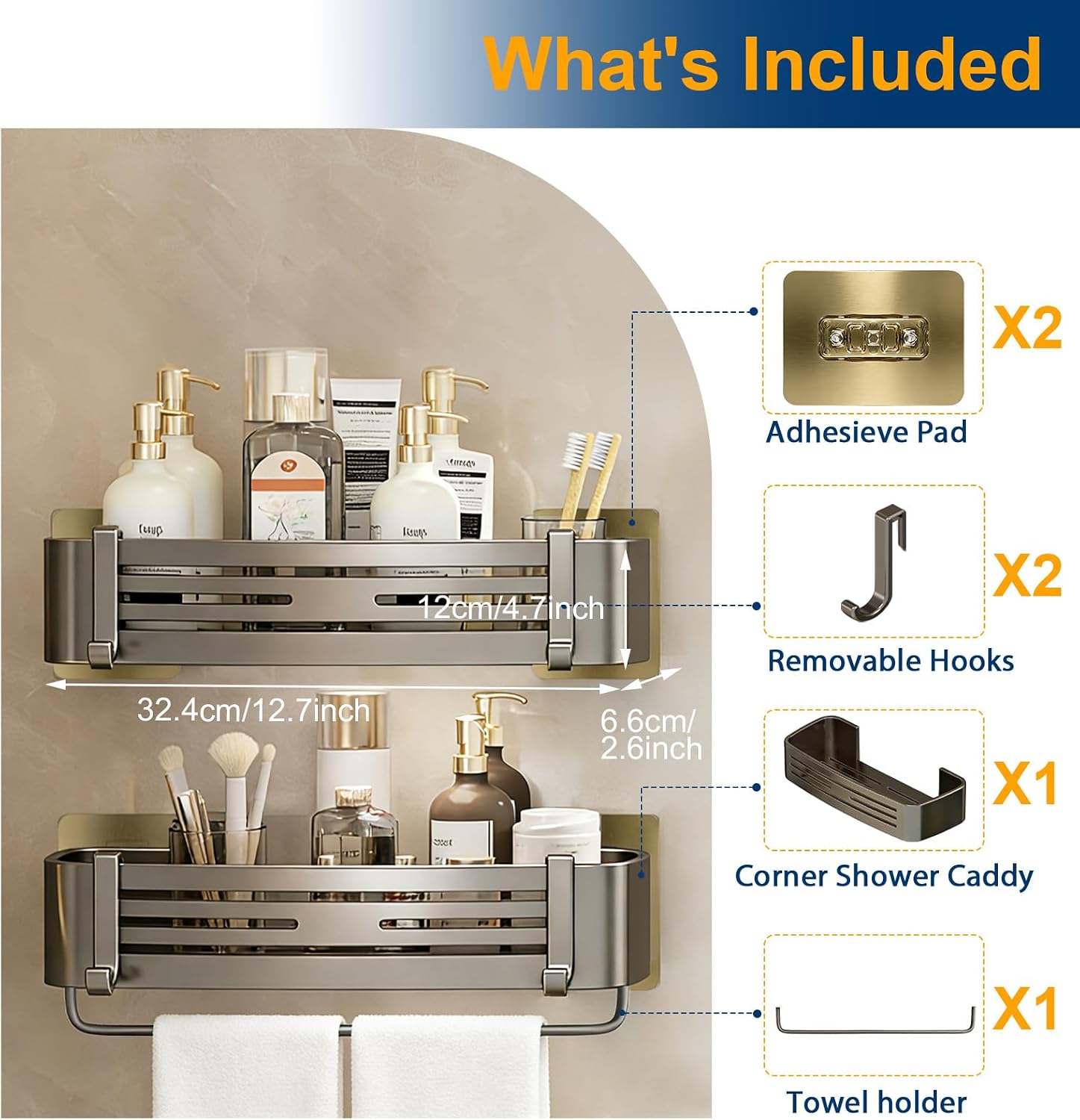 Shower Caddy, No-Drilling Adhesive Shower Shelves with Hooks, Waterproof & Rustproof Removable Shower Organizer Storage for Bathroom Kitchen