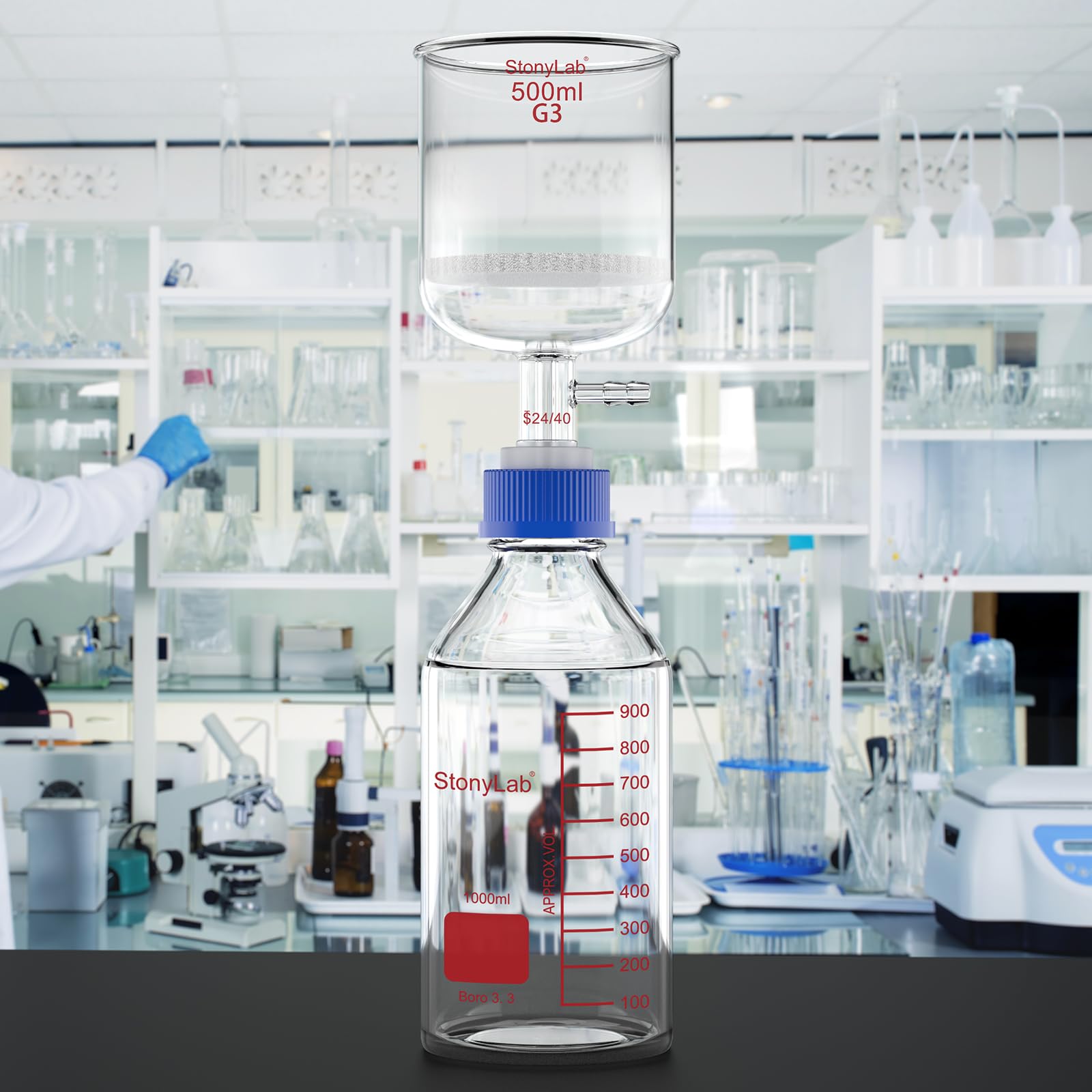 stonylab Buchner Trichter Saugfiltrationsapparat mit PP Adapter, Borosilikatglas, 500 ml Trichter mit Feiner Fritte (G3) und 1000 ml Vorratsflaschen, 24/40 Schliff, für Laborgebrauch