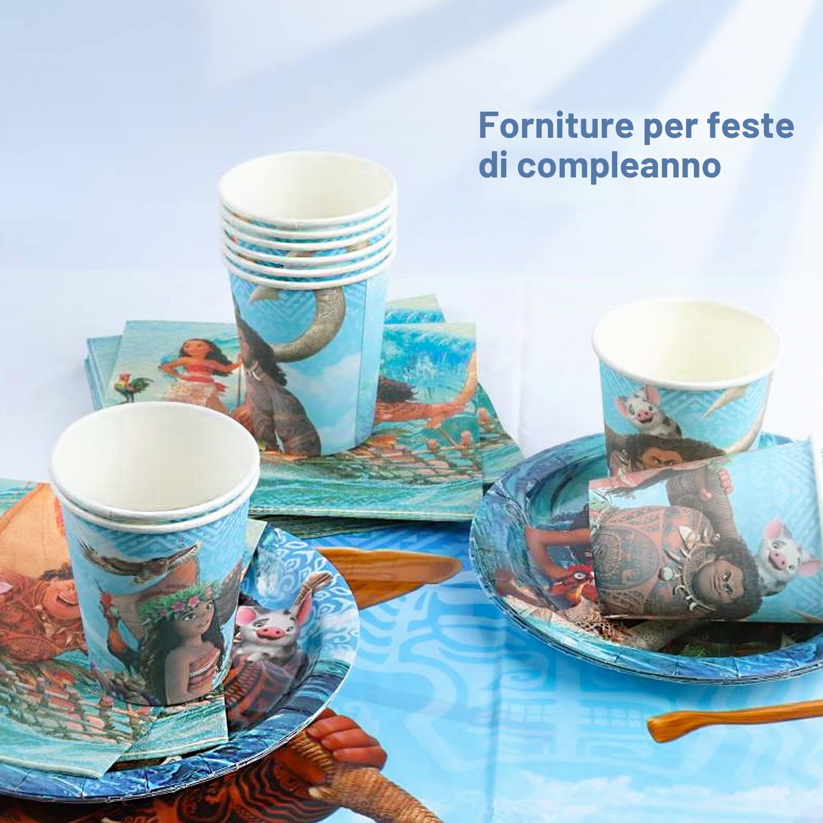 42 Pcs Decorazione Feste Moa, Compleanno Stoviglie Moan, Decorazioni Compleanno Bambino, Feste Stoviglie Kit, Tazze, Tovaglie