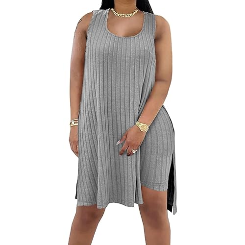 Women's Plus Size Two Piece Outfits Summer Sleeveless Tunic Tops Bodycon Biker Shorts Sweatsuits Sets