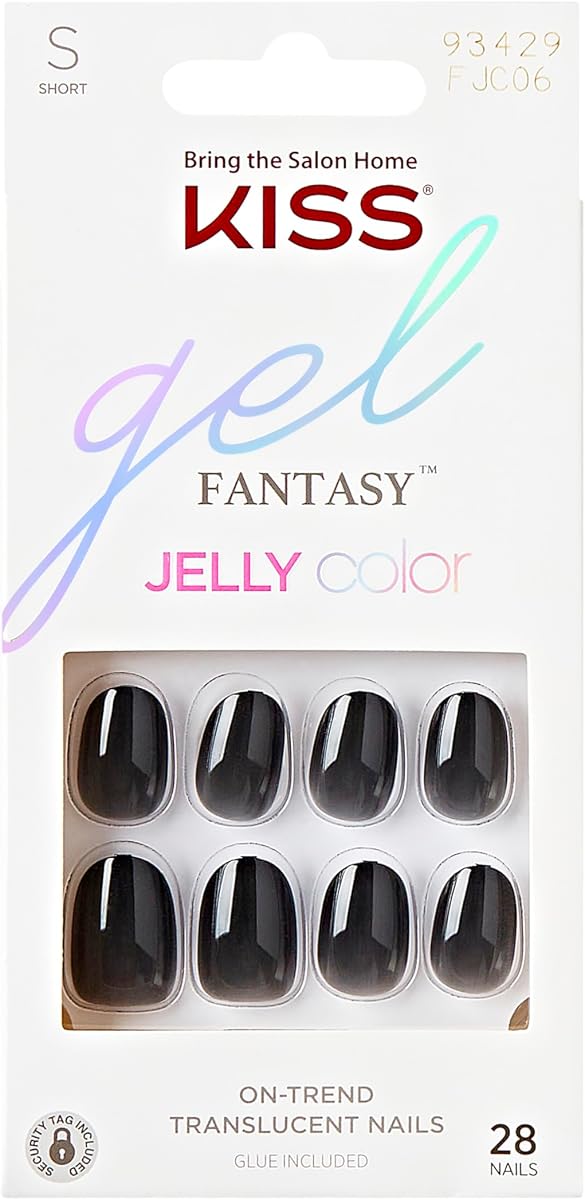 KISS Gel Fantasy, Press-On Nails, Nail glue included, 'Jelly Queen', Black, Short Size, Oval Shape, Includes 28 Nails, 2g glue, 1 Manicure Stick, 1 Mini File