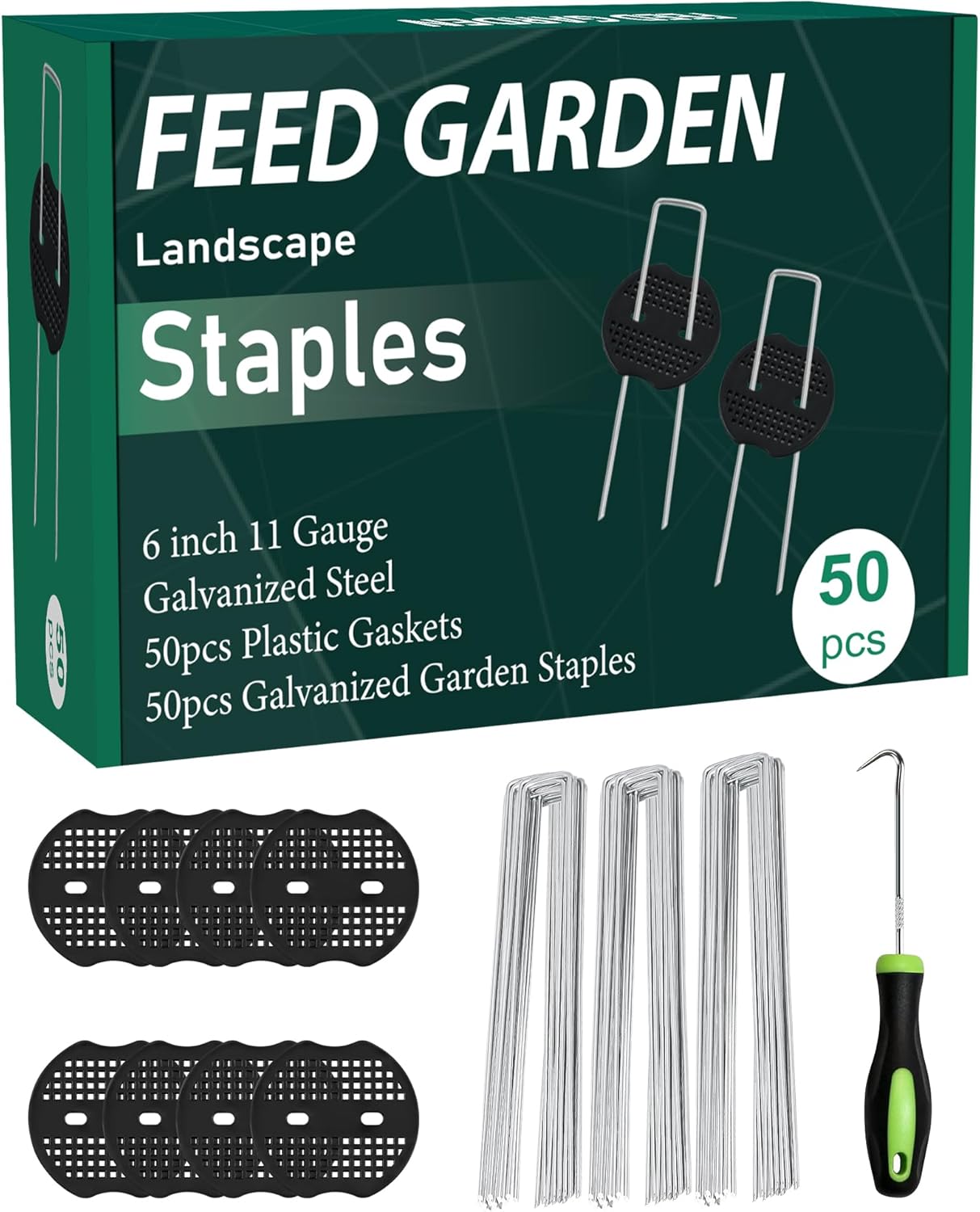 FEED GARDEN 6 Inch 150Pcs Galvanized Landscape Staples 50Pcs Gaskets Pick Hook