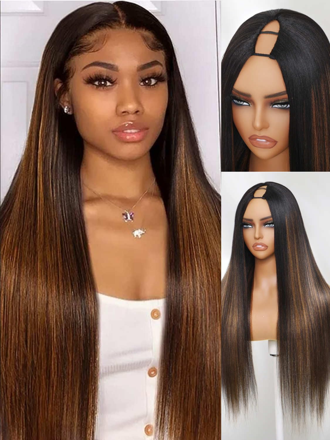 Beauty Forever Balayage Brown EasiContour V Part Wigs Human Hair Yaki Straight Glueless Highlight Clip in Vpart Wig Small Leave Out Upgrade U Part Wig for Women Beginner Friendly 150% Density 26 inch