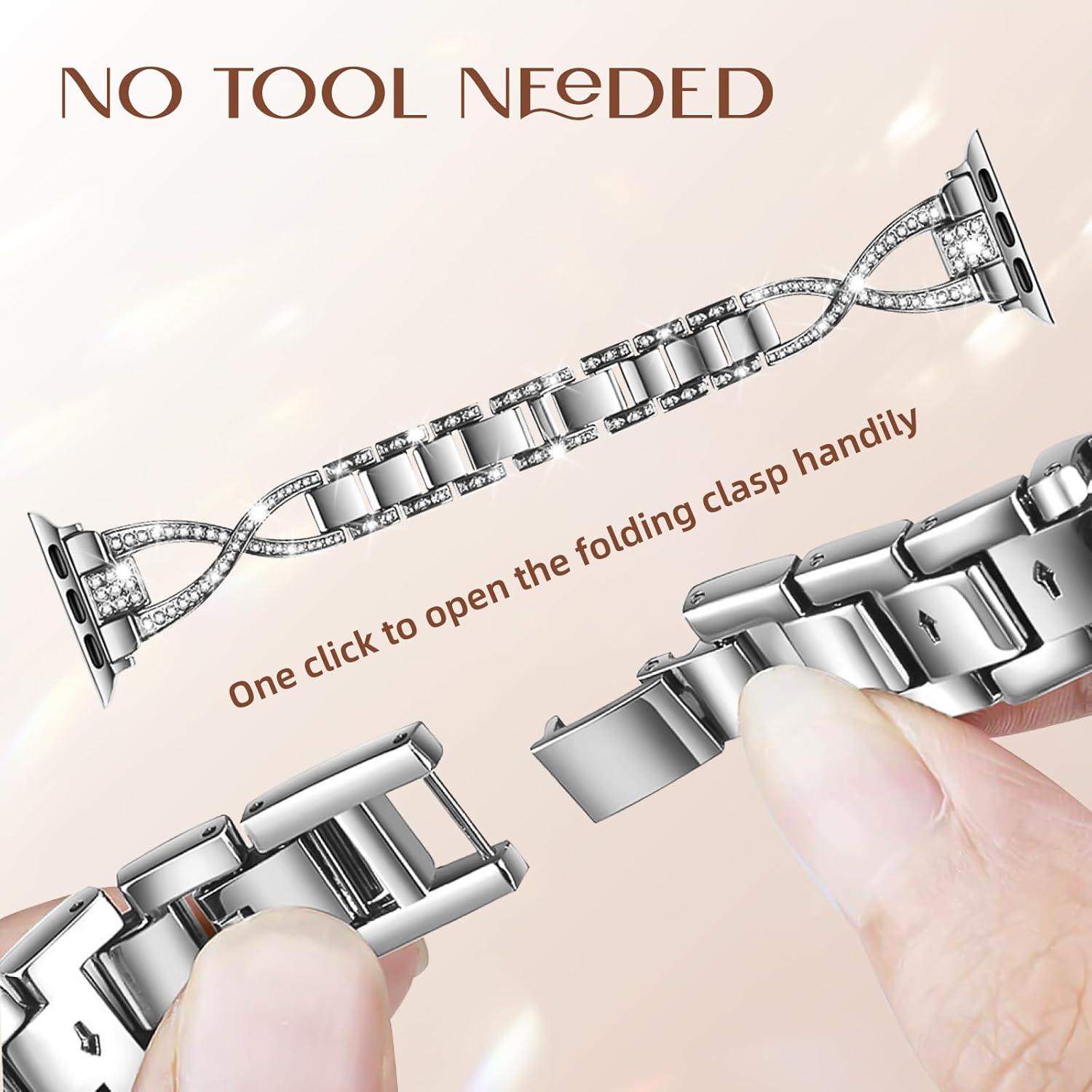 Slim Band Compatible with Apple Watch Bands 40mm 41mm 42mm 38mm 44mm 45mm 46mm 49mm Women, Thin Dressy Metal Stainless Steel Bracelet with Bling Diamond for iWatch Series 11 10 9 8 7 6 5 4 3 SE Ultra - Image 2