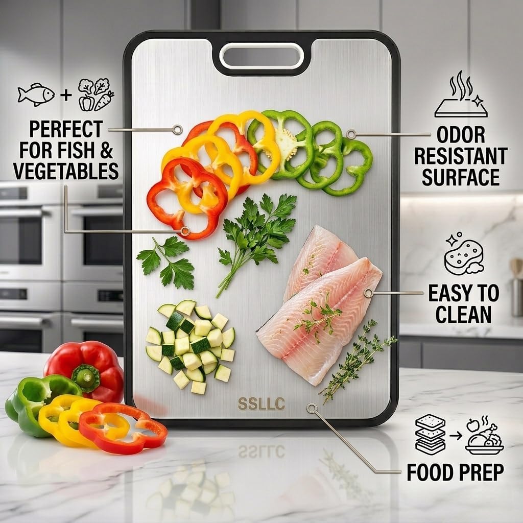 Titanium Cutting Board with Knife Sharpener, Wire Stand & Green Storage Pillar – Double Sided Non Toxic Chopping Board with Lip for Raw & Cooked Food, Durable & Dishwasher Safe