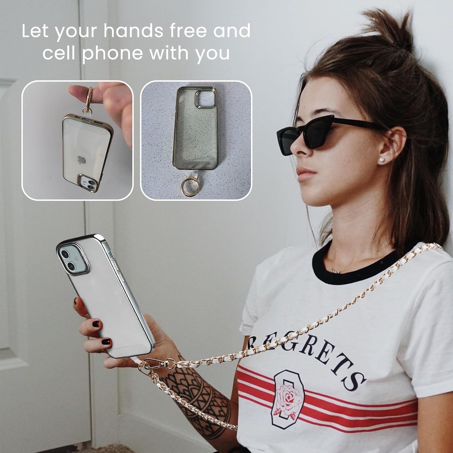 Crossbody Phone Lanyard Chain Shoulder Cellphone Strap Phone Charm Neck Chain iPhone Holder 3 Pad Patches Tether Universal for iPhone 16 Pro Max 15 14 for Samsung S24 Google Moto Gold/White image 5