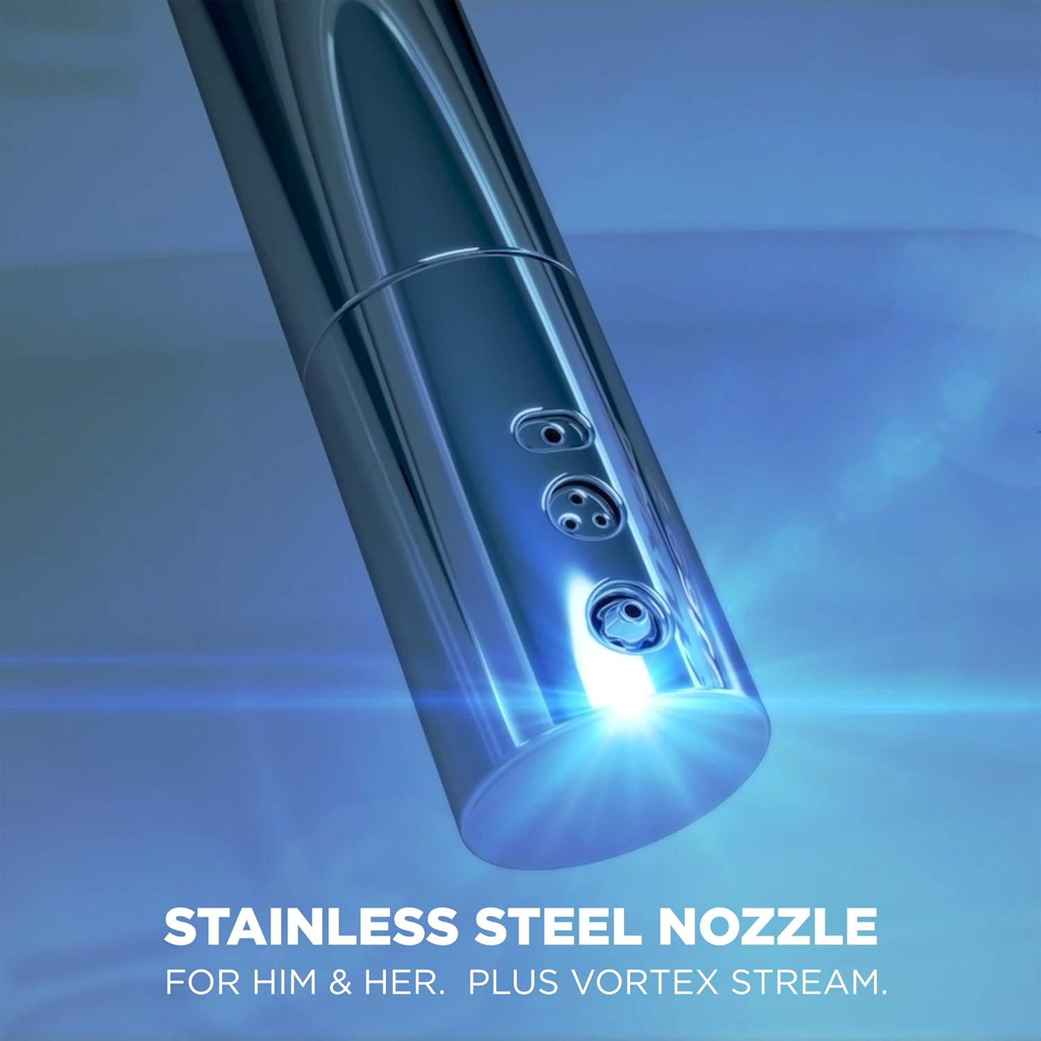 Close-up of the stainless steel nozzle with vortex stream for cleansing