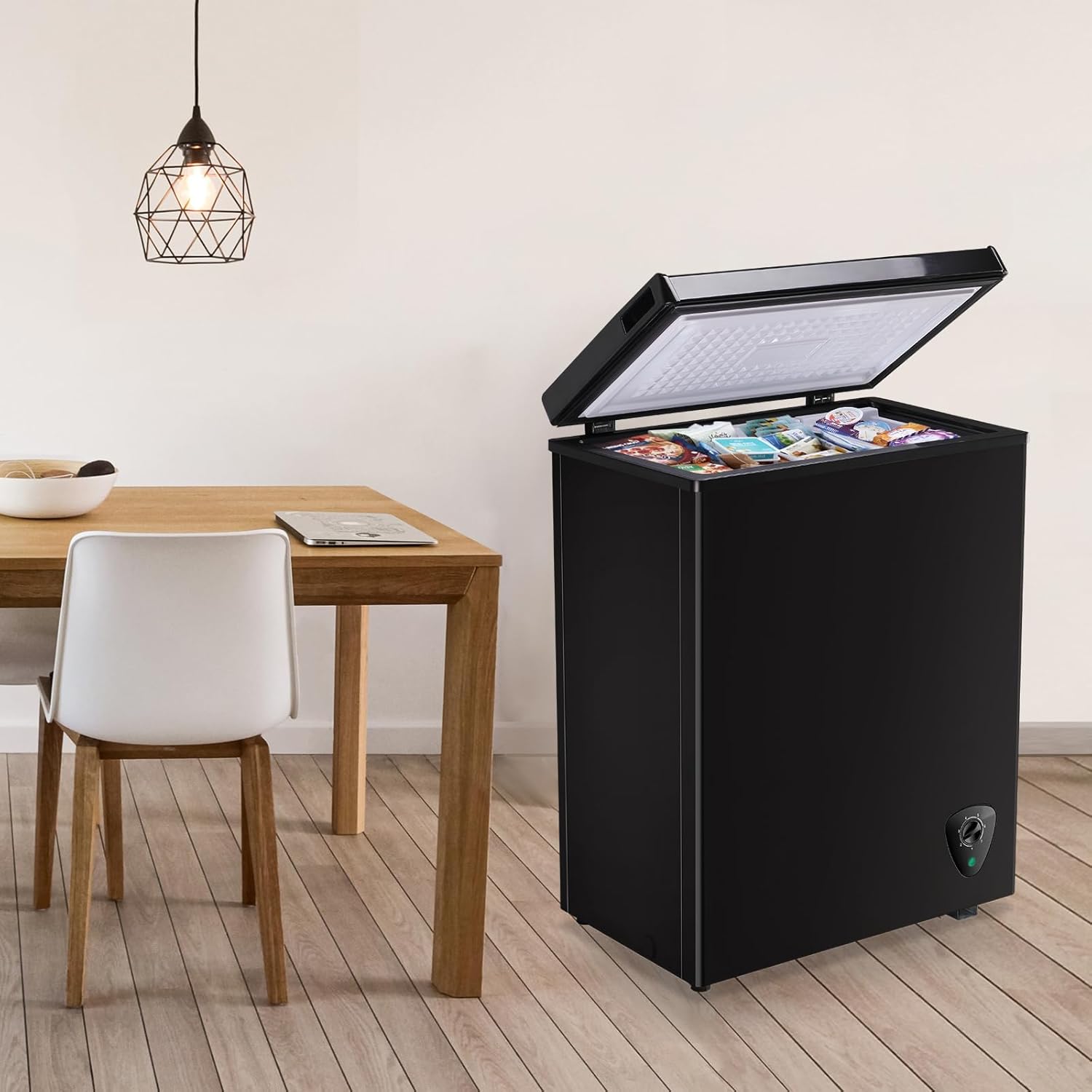 3.8 Cu. Ft Deep Freezer WANAI Chest Freezer Small Freezers with Storage Basket Top Open Door Mini Compact Freezer 7 Temperature Control for Home Garage Apartment Kitchen Office Black