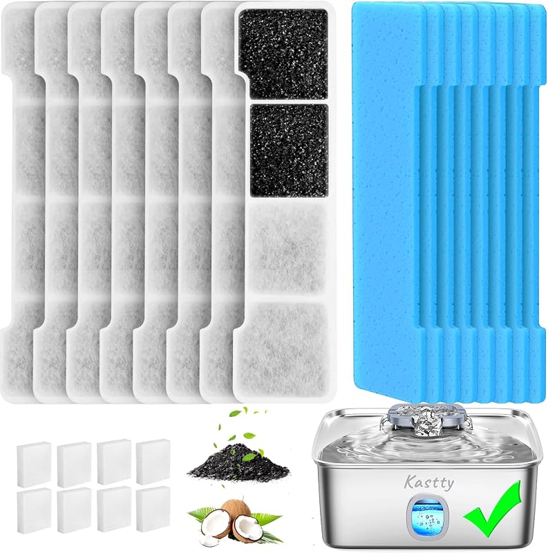 Kastty 15L Dog Water Fountain Filter Replacement for FS76 FS78 FS79 | Filter Made of Activated Carbon and PP Cotton, 8 Pack Pet Fountain Filters 8 Pack Pre-Filter Sponge with 8 Pump Sponge L05