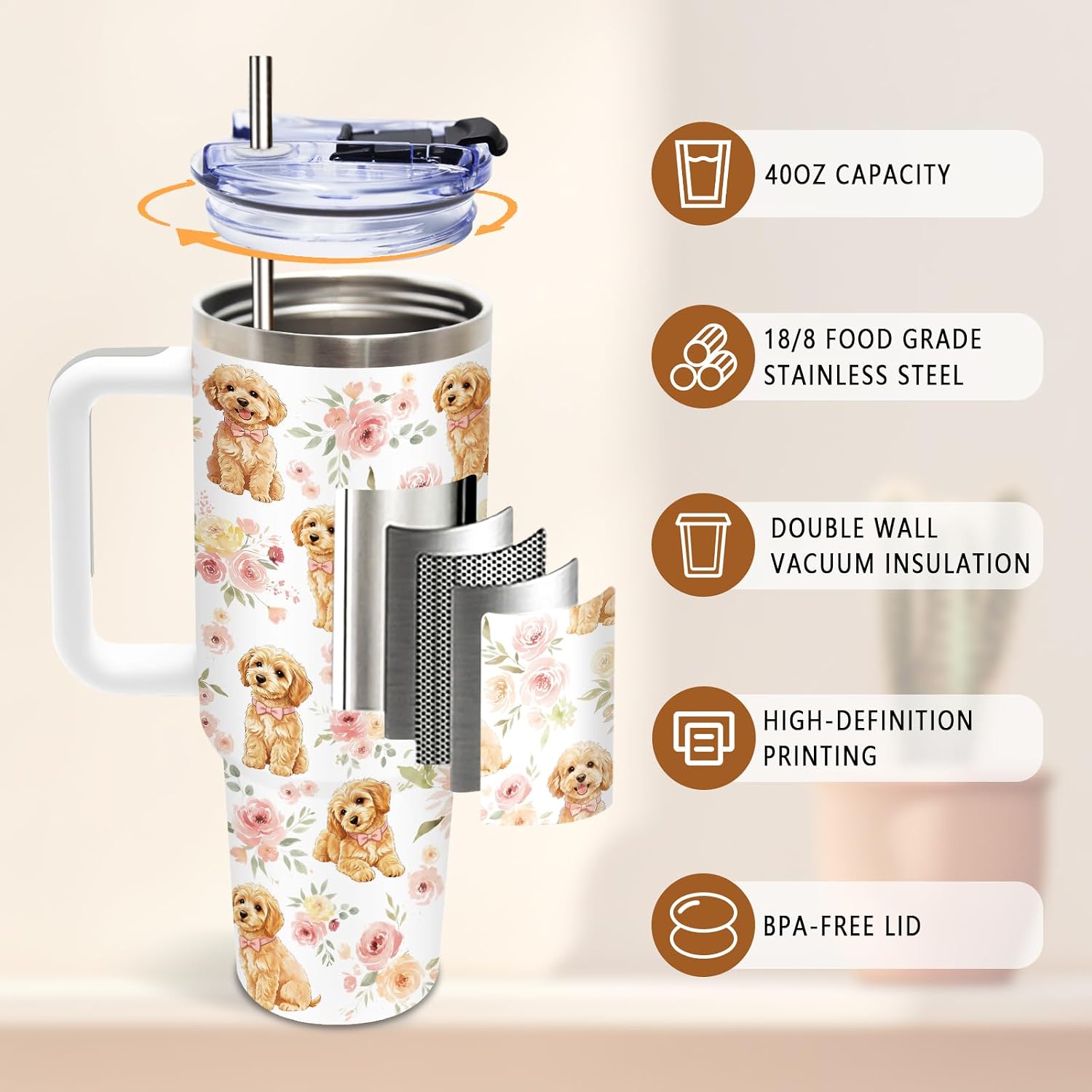 DUUV Goldendoodle Tumbler 40oz, Insulated Golden Retriever Gift for Women image 4