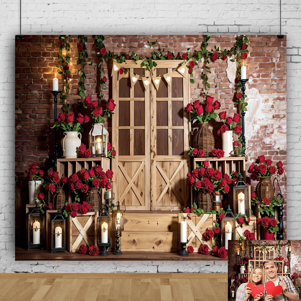 Valentines Backdrop 10x8ft Red Rose Rustic Wood Door Brick Wall Valentine's Photo Backdrops for Photography Background Valentine Decorations for Party Birthday Photo Booth Props