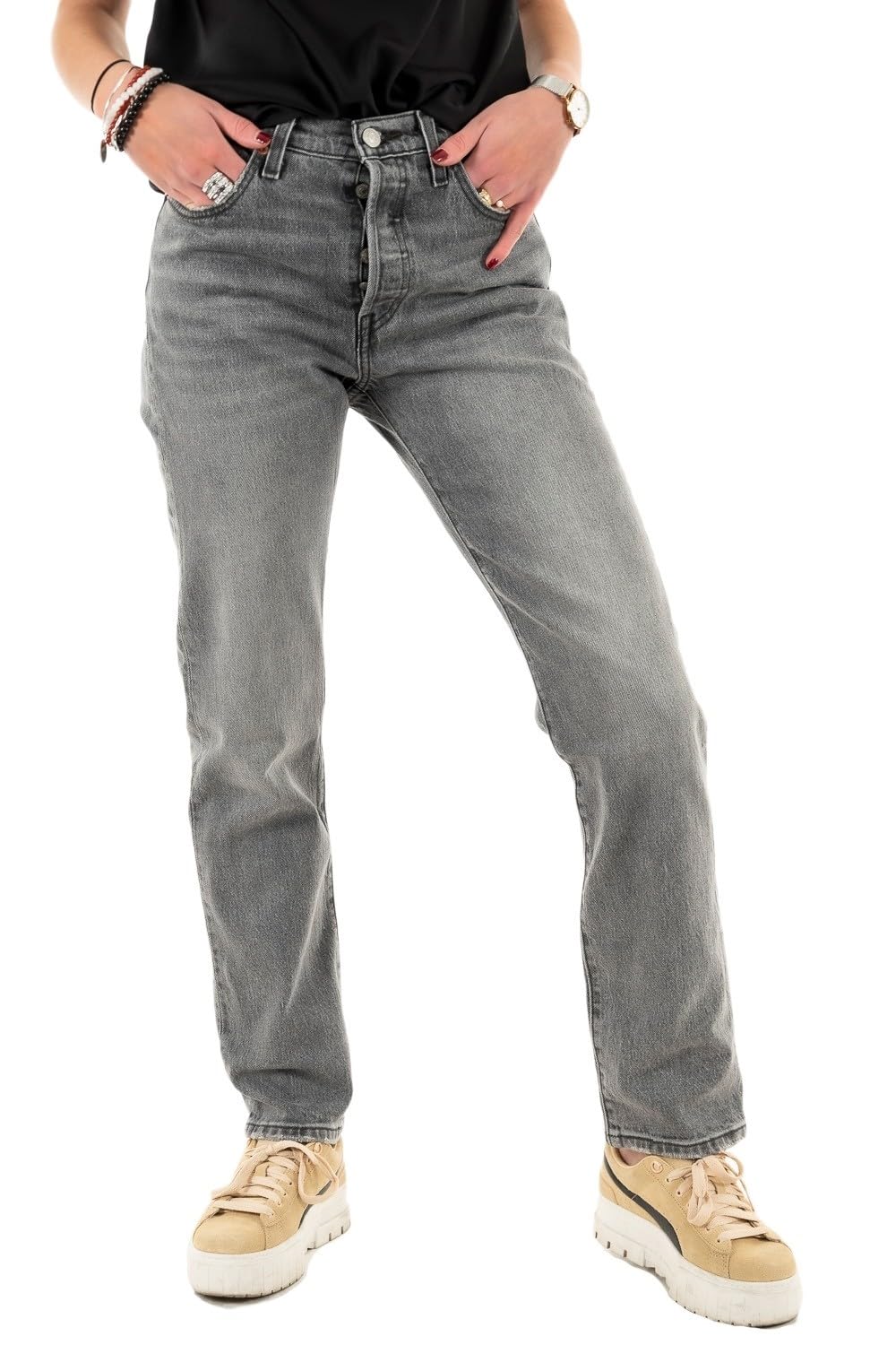 Levi's Damen Jeanshose 501 Crop High Rise, Straight Fit, Grau (Gray Worn In), W23/L26