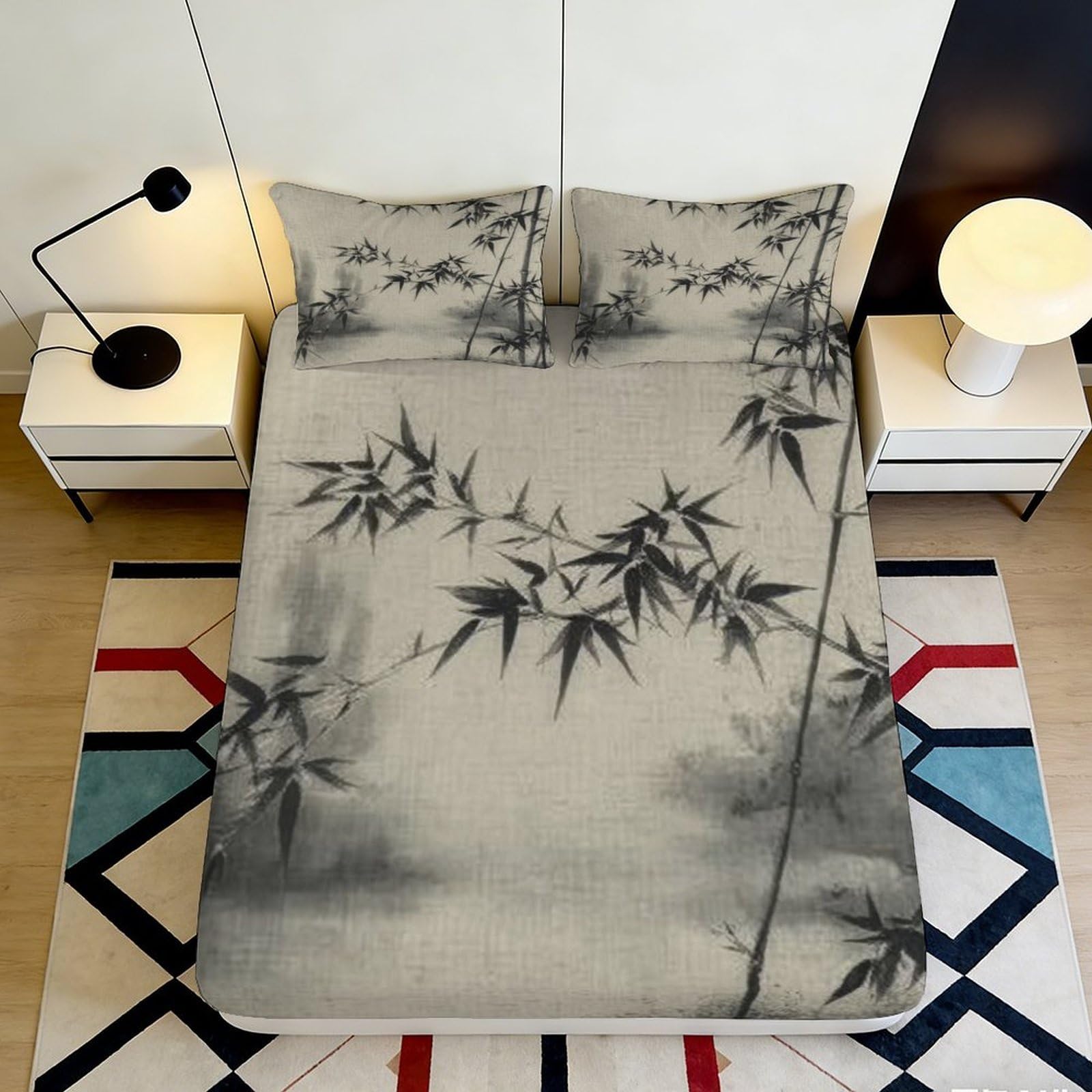 3D Printed Bamboo Watercolor Fitted Sheet Microfiber Anti-Slip Dustproof Ink Wash Mattress Cover for Bedroom Decor 90x200x25cm