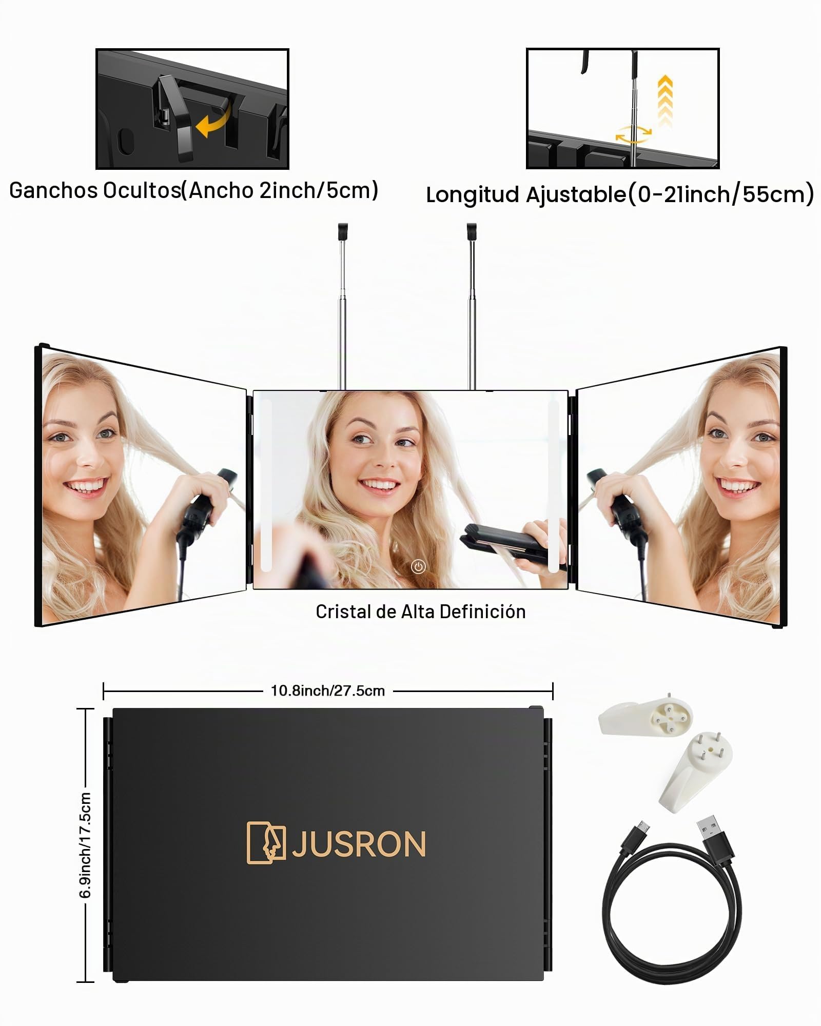 JUSRON Espejo Plegable de 360 Grados, Espejo de 3 Piezas, Corte automático, Altura Ajustable con Gancho Espejo cosmético con Efecto-Negro Mate