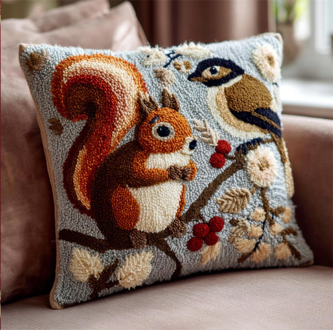 Kitquiver Animal DIY Latch Hook Kit Cartoon Squirrel Cross Stitch Pillowcase Making Kits,DIY Latch Hook Rug Kit Embroidery 17x17In