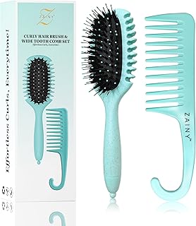 ZAINY Curl Defining Brush 2 PC Set for Curly Hair, Wide Tooth Comb for Curls, Wet Detangler Hairbrush & Shower Comb for Hair Styling, Detangling Gift Sets for Women, Girls, Kids, Toddler, Men - Green