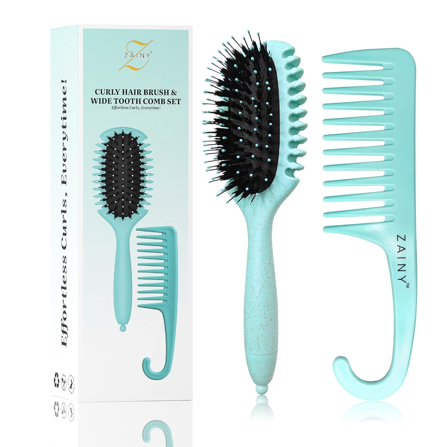 ZAINY Curl Defining Brush 2PC Set: Wide Tooth Detangler Comb & Styling Brush for Curly Wavy Hair Women Kids Men