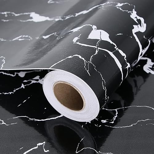 TORC Papel tapiz de mármol negro para despegar y pegar de 17.1 x 240 pulgadas, papel de contacto de mármol sintético autoadhesivo para muebles de