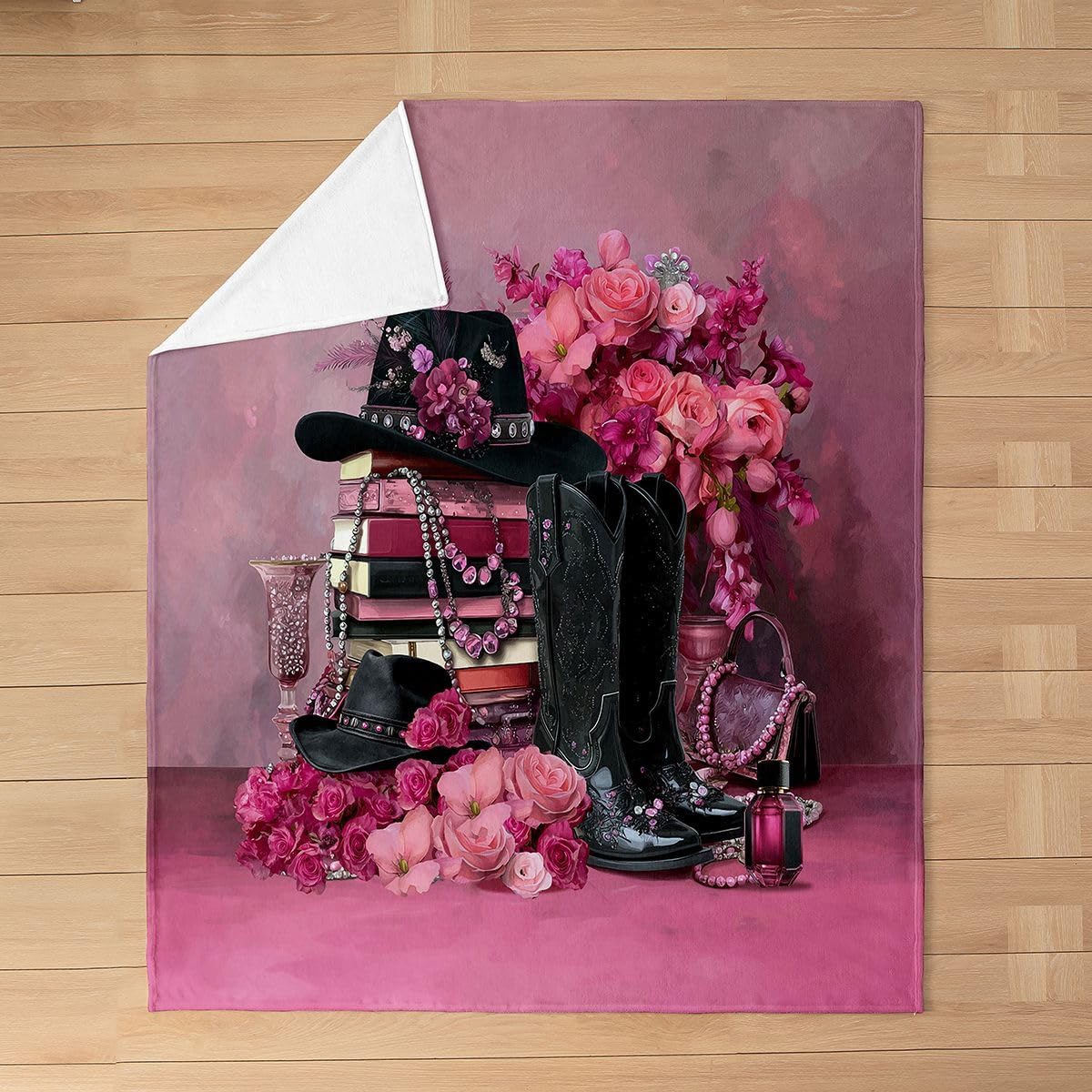 Erosebridal Girly Fashion Pink Flannel Blanket Trendy Cowgirl Boots Hat Fleece Blanket,Baby 30"x40",Trendy Makeup Perfume Floral Fuzzy Plush Throw for Sofa Touch,Vintage Coquette Sherpa Blankets