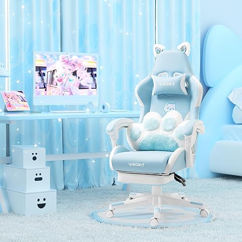 Gaming Chair Cute with Ears and Kawaii Cushion, Ergonomic Computer Game Chair for Girl with Lumbar Support and Footrest, Comfortable Reclining PC Gamer Chair for Teen, Blue