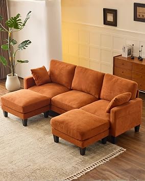 99.6 U-Shaped Chenille Sectional Sofa,Comfy Cloud Couch with 2 Movable Ottomans & Side Storage Pockets, Upholstered Convertible Sofa Bed for Living Room,Apartment,Home OfficeOrange