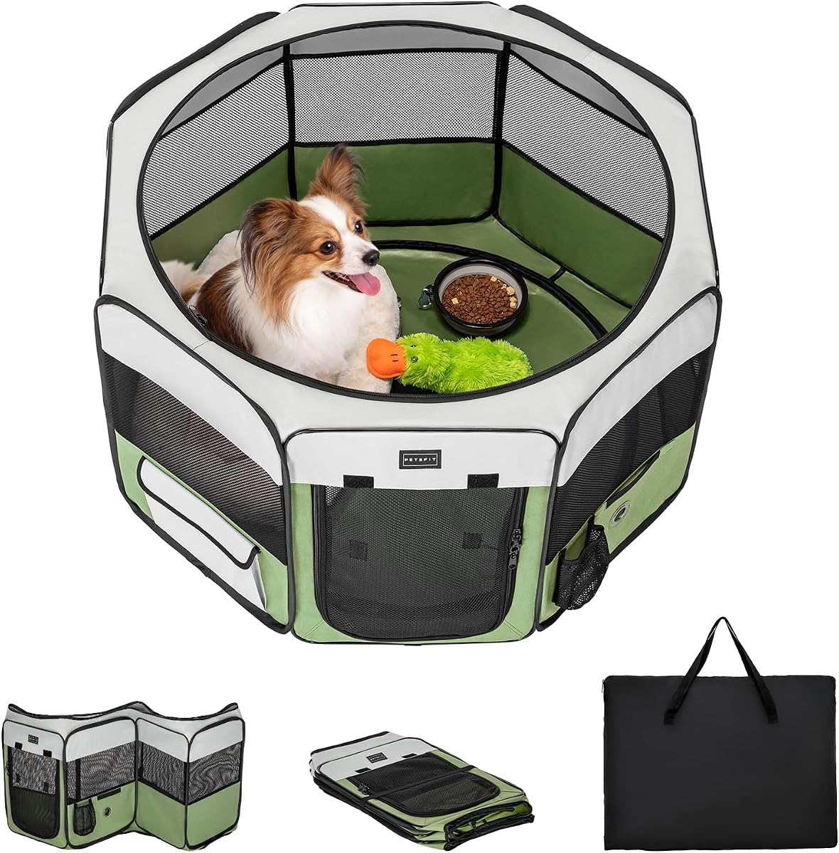 PETSFIT Enclos Pliable pour Petits Animaux, Chiens, Chats, avec Fond étanche, système Pop-up, Design Anti-Mastication, Gris/Vert, 92 x 84 x 53 cm