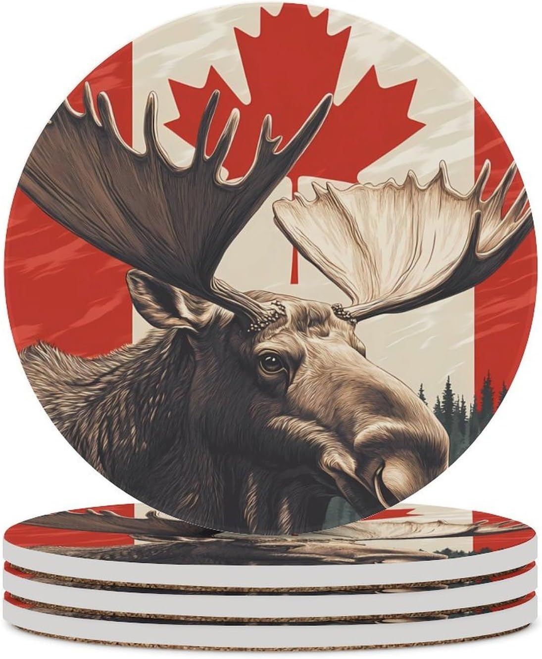 Moose Canada Flag Round Ceramic Coasters Print Drinks Absorbent with Cork Base for Home Decor Gifts 4 Inch