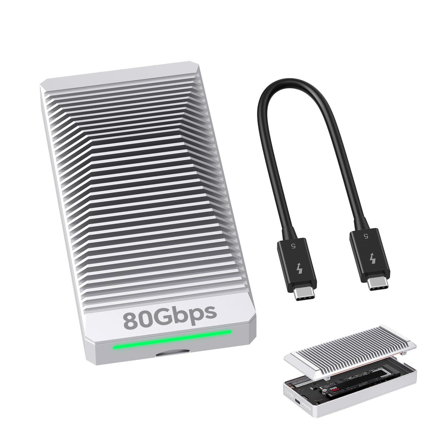QWIIZLAB Lüfterloses 80Gbps M.2 NVMe SSD Gehäuse mit Aluminiumgehäuse, kompatibel mit Thunderbolt 5/4/3, abwärtskompatibel mit USB4/UBS3.2/3.1/3.0, unterstützt PCIe M.2 SSD bis zu 8 TB (Silber)