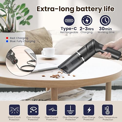 Miniatura 8 de Aspiradora de coche Mini Aspiradora 120W Fuerte Succión de mano Aspiradora Inalámbrica Recargable