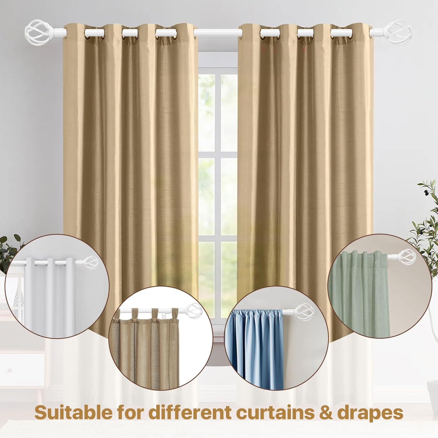 White Curtain Rod for Windows 72-144 with Twisted Cage Finials, Heavy Duty Long 12ft Curtain Rod, Decorative Curtain Rods for Outdoor Patio, Sliding Glass Door, 5/8" Diameter
