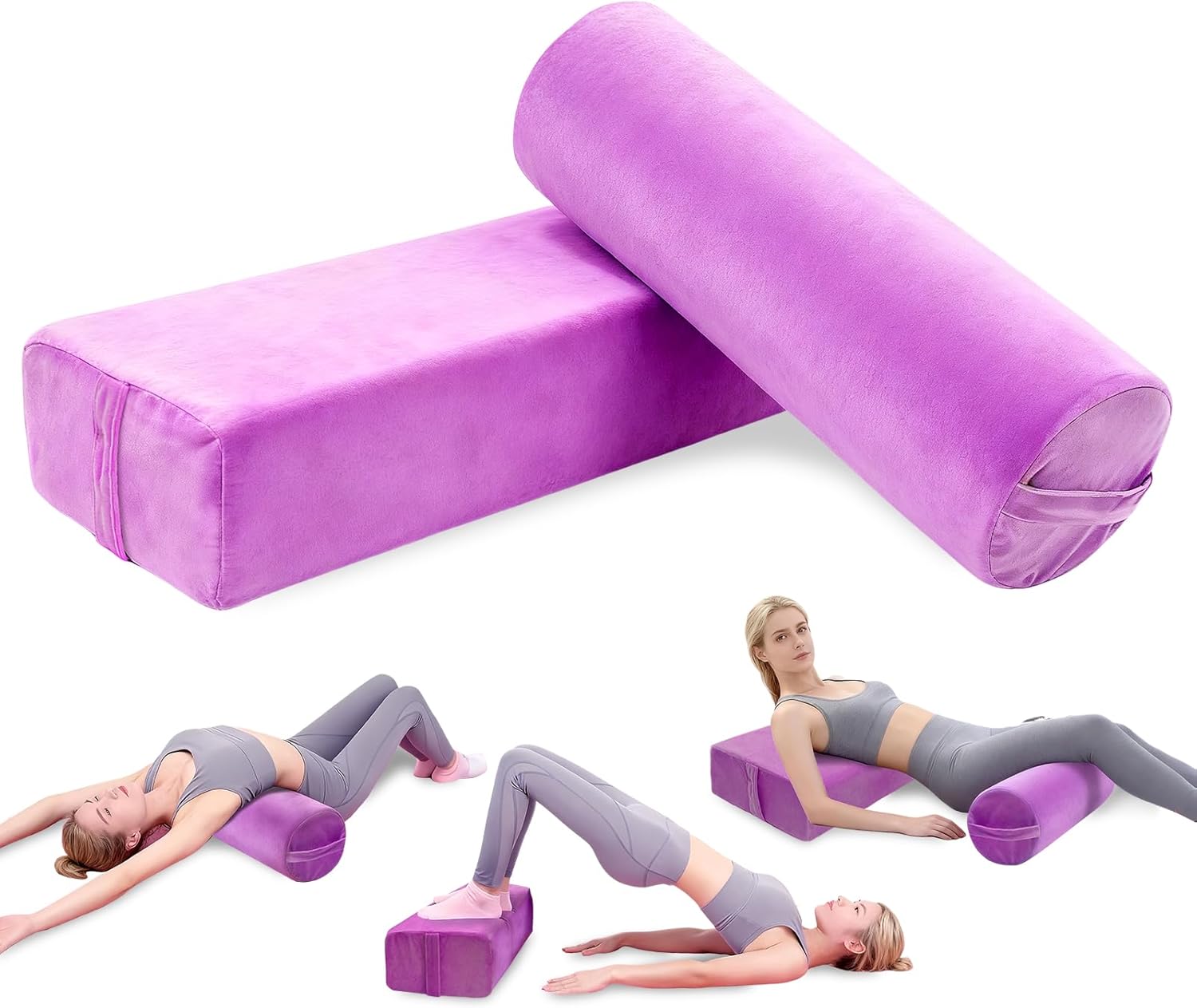 JZHLLA 2PCS Yoga Bolster Set: Rectangular & Cylinder Meditation Pillows, Washable Velvet Cover, High-Density Foam, Carry Handle for Restorative Yoga