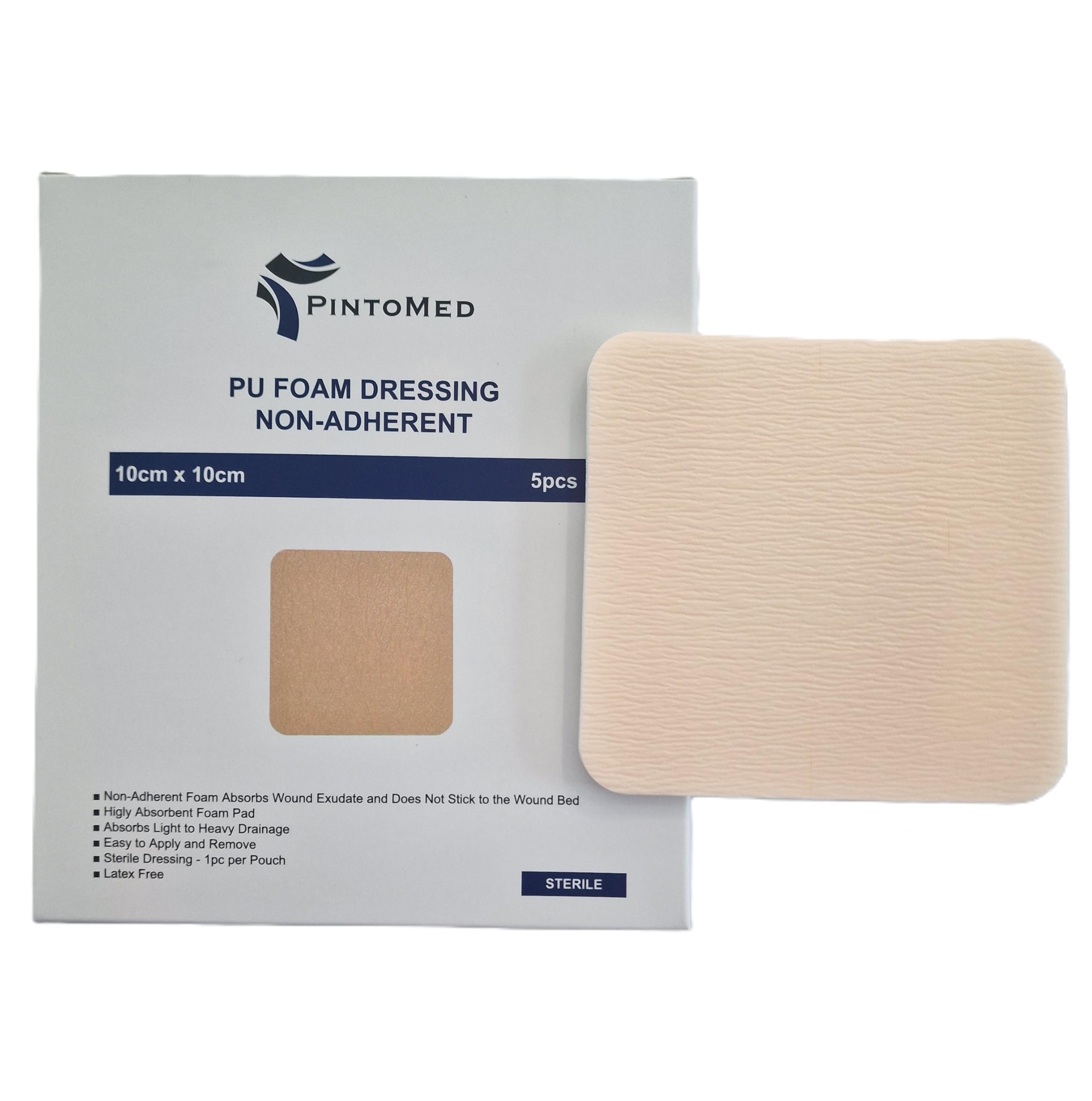 PintoMed - Apósito Estéril Non-Adhesivo de Espuma PU sin Borde 10cm x 10cm caja de 5 apósitos. Absorbente. Para el tratamiento de heridas crónicas y agudas.