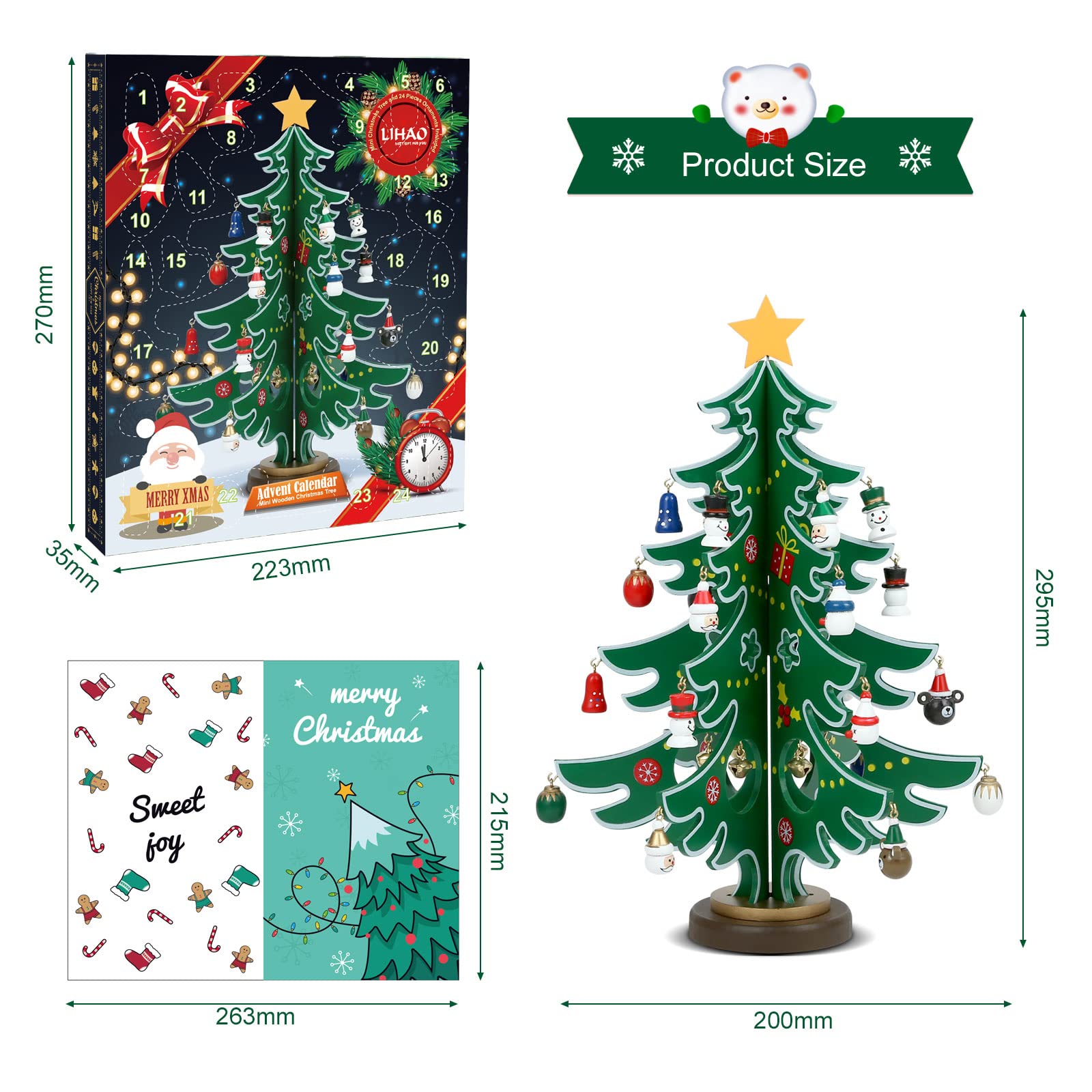 LIHAO Calendario Avvento 2026 Bambini Decorazioni Albero di Natale Piccolo in Legno Addobbi Natalizi Regali Natale Ragazzi Ragazze