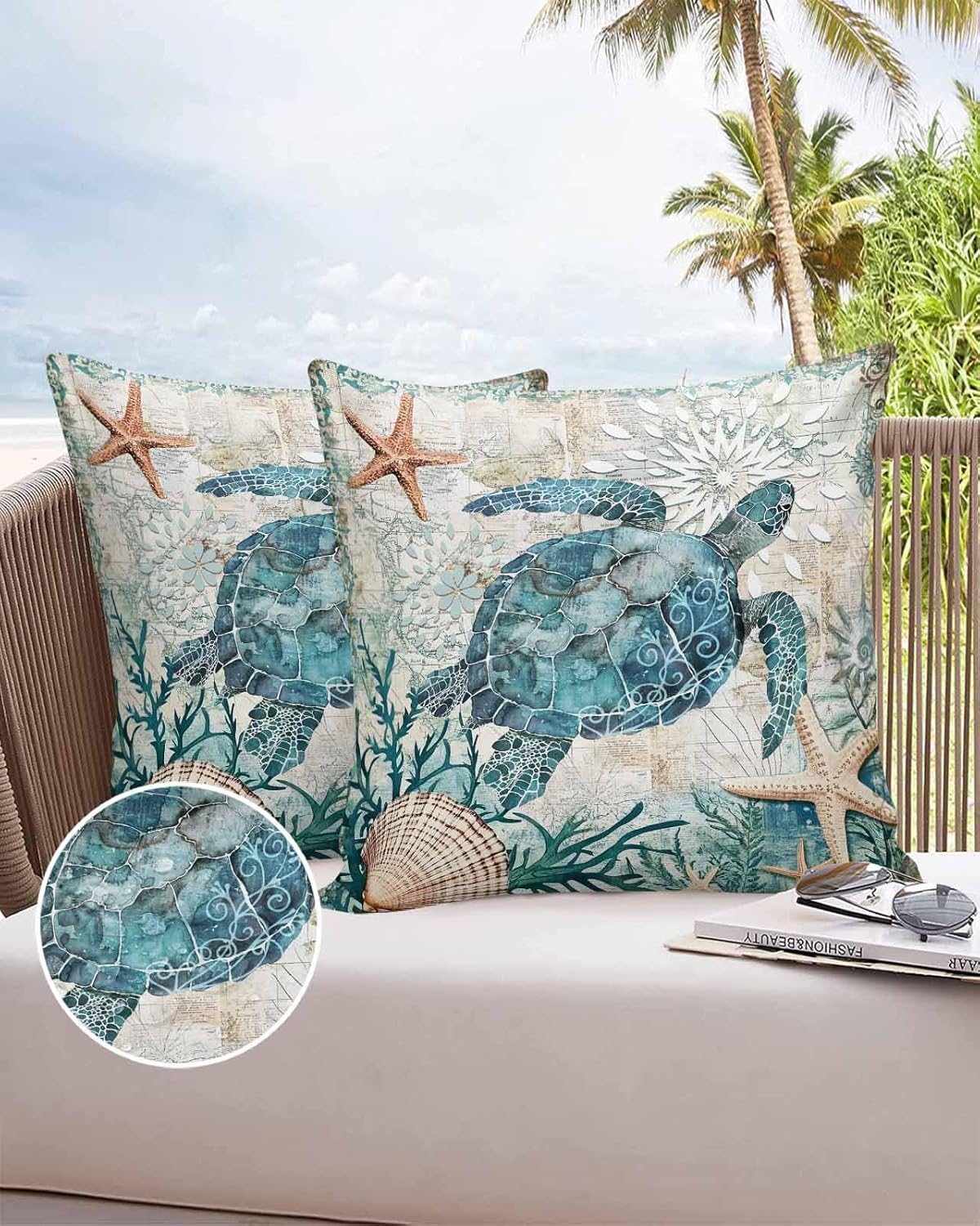 Outdoor Throw Pillow Covers 20x20 Waterproof Summer Ocean Turtle Outdoor Pillows Decorative Pillow Covers Cushion Covers Pillowcase for Tent Patio Garden Couch Set of 2, Retro Coral Shell Starfish