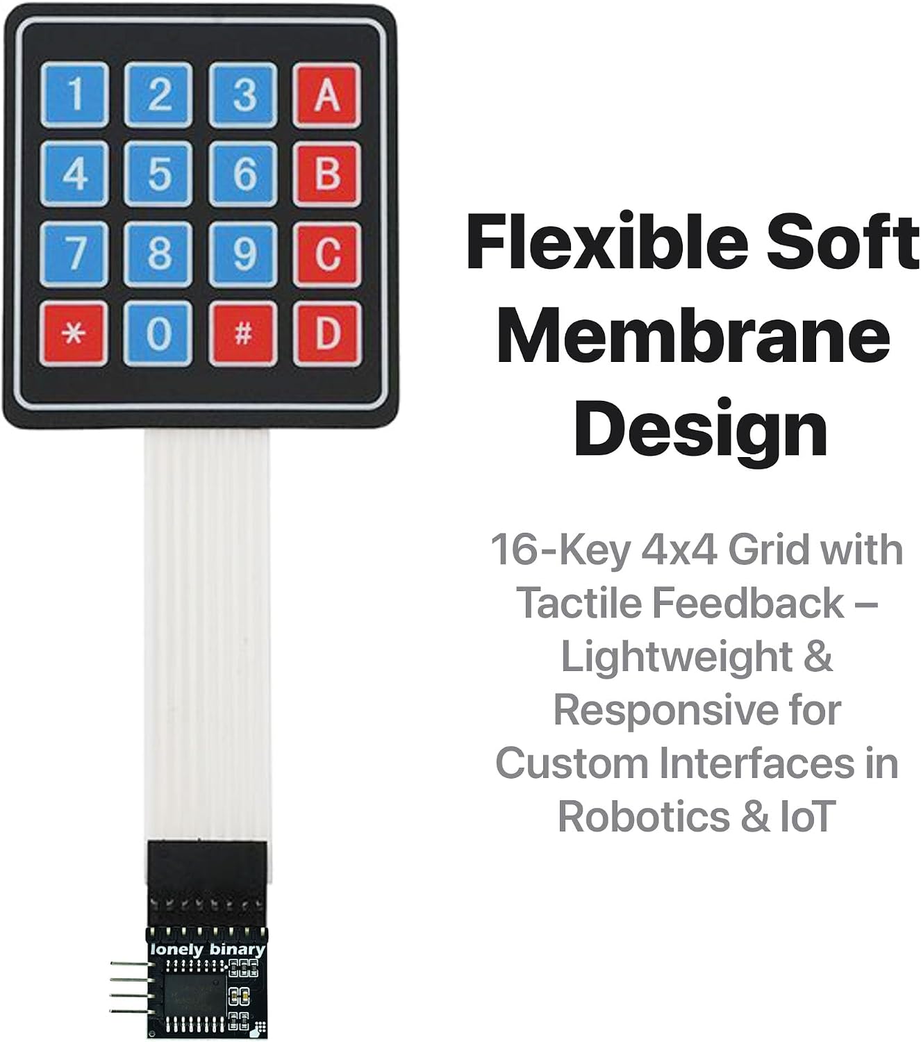 LONELY BINARY 5-Set I2C 4x4 Matrix Membrane Keypad for Arduino ESP32 Pico | 5 soft keypads + 5 I2C adapters; 16 keys each, 2-pin (SDA/SCL) saves GPIO; 3.3V/5V; adhesive backing; storage case; Pi, STM32