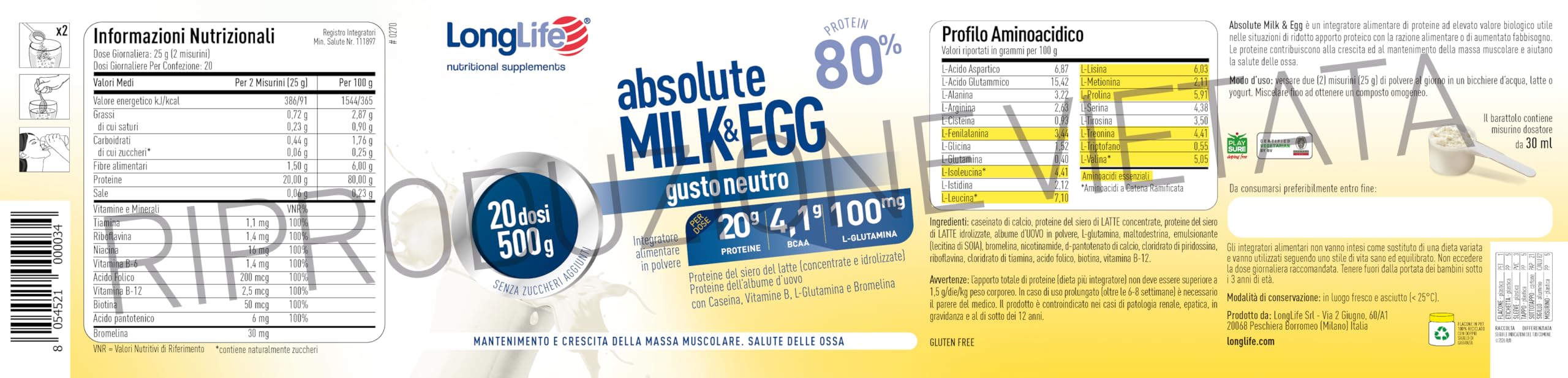 LongLife® Absolute Milk&Egg | 80% proteine di latte e uovo | Con vitamine B e bromelina | Crescita e mantenimento della massa muscolare | Benessere delle ossa | 20 dosi | Vegetariano e senza glutine