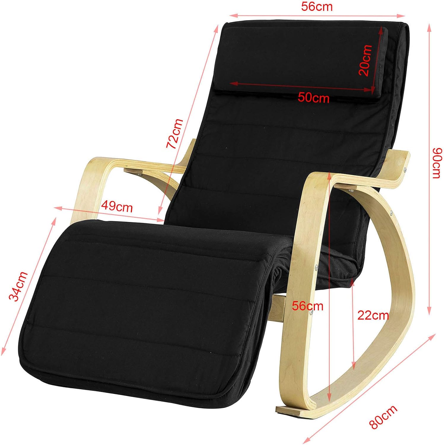 Diagram showing the dimensions of the rocking chair: Seat size 56x50cm, Back size 56x74cm, Overall dimensions 31.4D x 22W x 35.4H inches