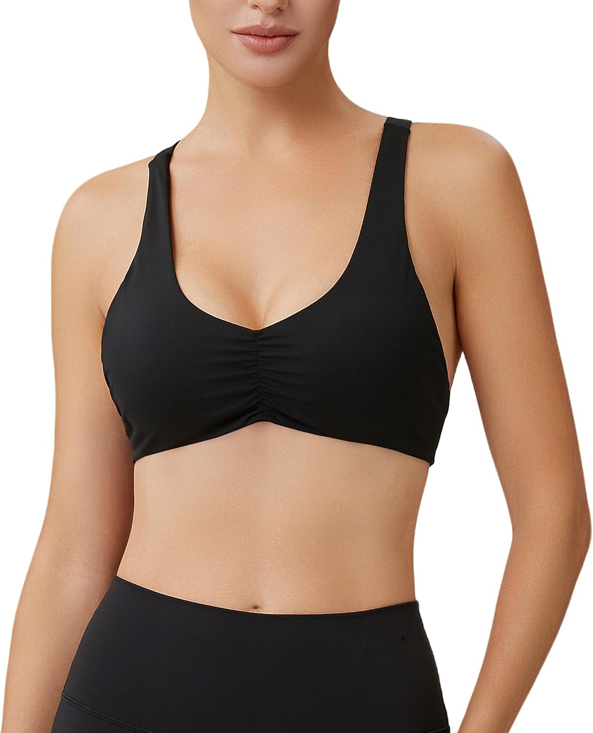Women’s Criss Cross Back Sports Bra – Ruched Front Workout Bra Top, Padded Low to Medium Impact Yoga Bra