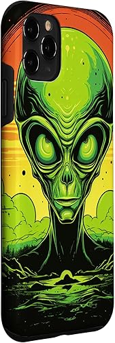 Vista 24 de iPhone 14 Pro Cute Green Alien Head UFO Space Face Alien Case