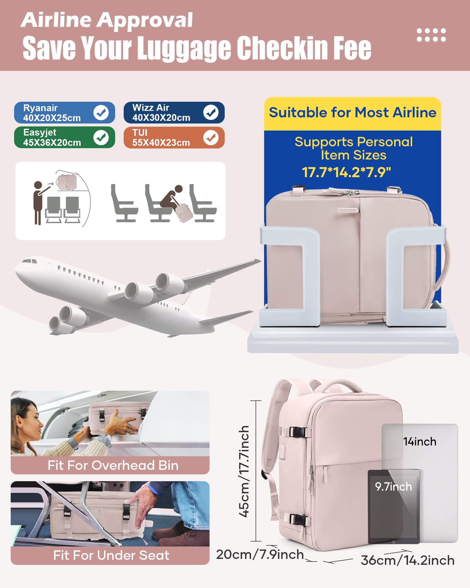 BJLFS Zaino da Viaggio con Sottovuoto Ryanair 40x30x20 Wizzair Bagaglio a mano 40x20x25 Ryanair con Pompa Borse da Cabina per Easyjet 45x36x20 con compressione sottovuoto,Zaino Casual per Laptop