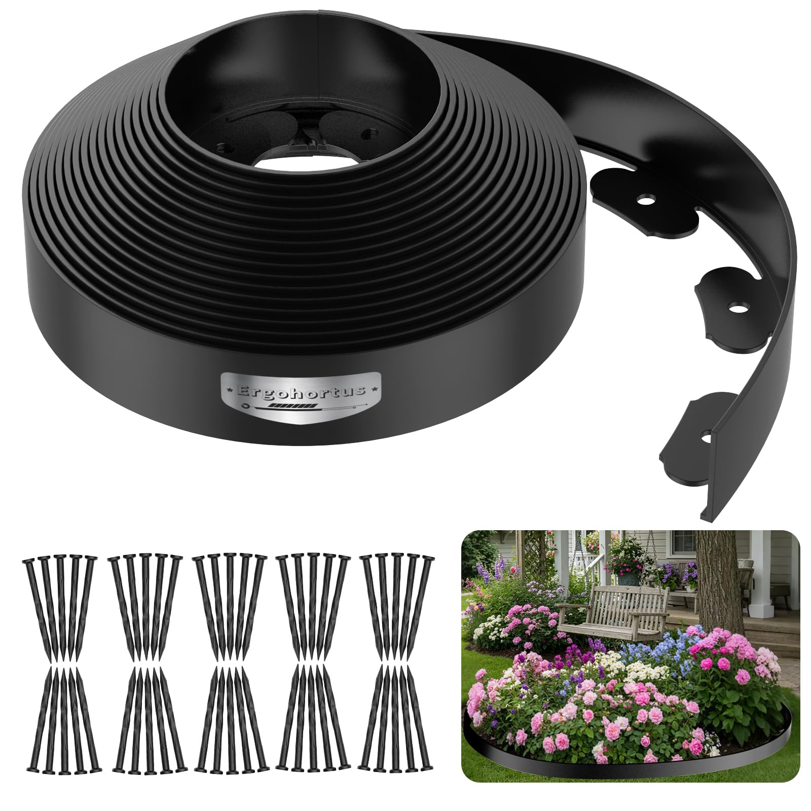 Bordure de Jardin Extérieur, Bordure de Jardin Flexible 10 Mètres avec 50 Piquets, Hauteur 5 cm, Plastique, Idéale pour Délimiter Les Pelouses, Massifs de Fleurs, Bordures et Allées – Noir