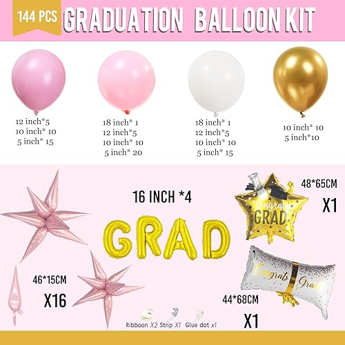 Miniatura 5 de Kit de guirnalda de arco de globos rosa y dorado para graduación 145 piezas con gran estrella dorada Globos con letras GRAD para decoraciones de