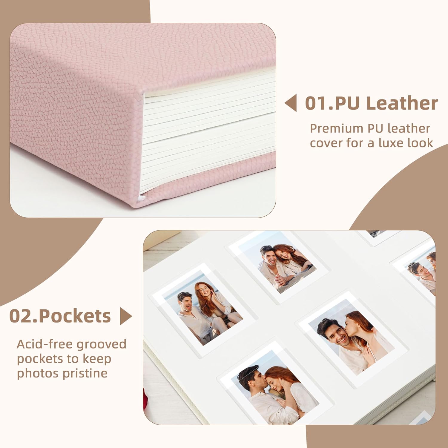 Vienrose Polaroid Photo Album with PU Leather Cover, 128 Pockets Instax Photo Album with Writing Space for 2x3 Pictures Fits for Fujifilm Instax Mini Instant Cameras, Pink