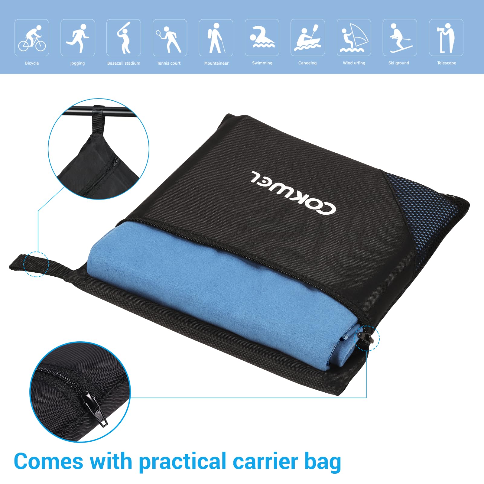 Set Asciugamani Da Viaggio COKWEL In Microfibra - 3 Pezzi (152x80 Cm, 80x38 Cm, 38x38 Cm), Asciugatura Rapida, Blu Cielo - Foto 9